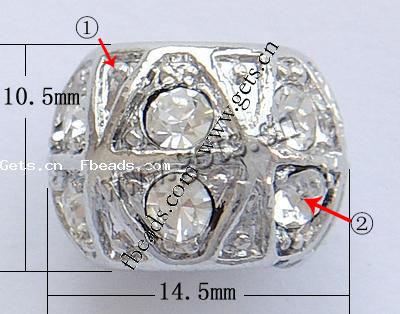 Rhinestone Zinc Alloy European Beads, Rondelle, plated, without troll & with rhinestone, more colors for choice, nickel, lead & cadmium free, 14.5x10.5mm, Hole:Approx 7mm, Sold By PC