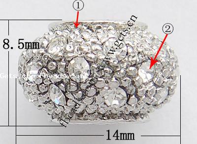 Strass Zink Legierung Europa Perlen, Zinklegierung, Rondell, plattiert, Kundenindividuell & ohne troll & mit Strass, keine, frei von Nickel, Blei & Kadmium, 14x8.5mm, Bohrung:ca. 6mm, verkauft von PC