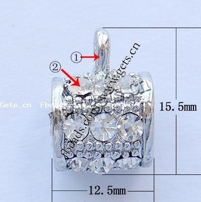 Zinc Alloy Bail Beads, Tube, plated, with rhinestone, more colors for choice, nickel, lead & cadmium free, 15.5x12.5mm, Hole:Approx 3mm, Sold By PC