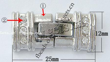 Zink Legierung Uhren Armband Verschluss, Zinklegierung, plattiert, mit Strass, keine, frei von Nickel, Blei & Kadmium, 25x12x4mm, Bohrung:ca. 1mm, verkauft von PC