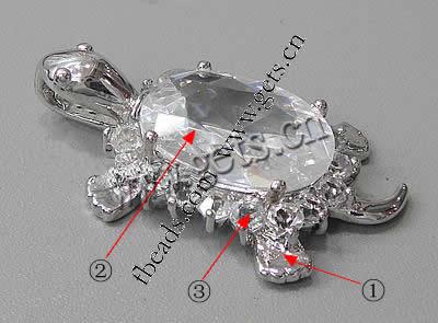 Cubic Zirconia Brass Pendants, Turtle, plated, with cubic zirconia & faceted, more colors for choice, 37x21x8mm, Hole:Approx 7x3mm, Sold By PC