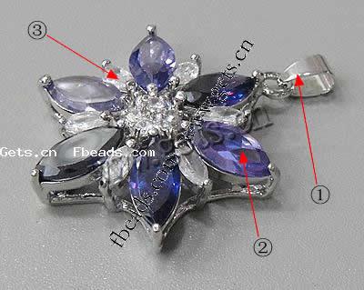 Cubic Zirconia Brass Pendants, Flower, plated, with cubic zirconia & faceted, more colors for choice, 33x30x10mm, Hole:Approx 3-5mm, Sold By PC
