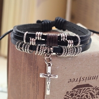 Men Bracelet, Cowhide, with Waxed Cotton Cord & Zinc Alloy, Crucifix Cross, antique silver color plated, black, lead & cadmium free Approx 7.5 Inch 