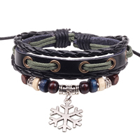 Cowhide Bracelets, with Waxed Cotton Cord & Wood & Zinc Alloy, Snowflake, antique silver color plated, lead & cadmium free Approx 7.5 Inch 