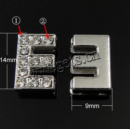 Zinc Alloy Letter Slide Charm, Letter E, plated, with Mideast rhinestone, more colors for choice, nickel free, 14x9x4.5mm, Hole:Approx 11x2.3mm, Sold By PC