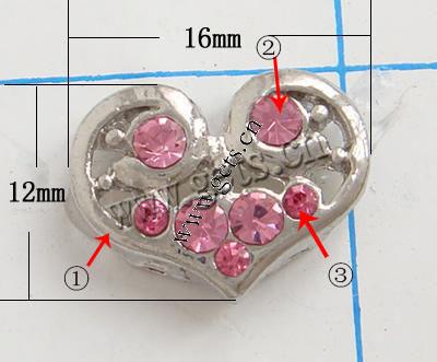 Rhinestone Spacer Bar, with Zinc Alloy, Heart, plated, plating thickness more than 3μm & with Mideast rhinestone & 2-strand, more colors for choice, nickel free, 16x12mm, Sold By PC