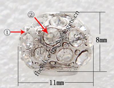 Rhinestone European Beads, with Zinc Alloy, Drum, plating thickness more than 3μm, more colors for choice, 8x11mm, Hole:Approx 4mm, Sold By PC