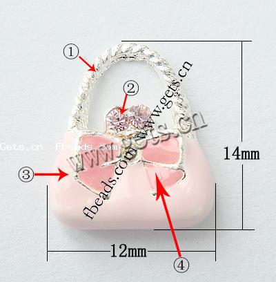 Zinc Alloy Handbag Pendants, plated, enamel & with rhinestone, more colors for choice, nickel free, 14x12x3mm, Sold By PC