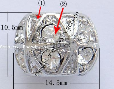 Strass Zink Legierung Europa Perlen, Zinklegierung, Rondell, plattiert, ohne troll & mit Strass, keine, frei von Nickel, Blei & Kadmium, 14.5x10.5mm, Bohrung:ca. 7mm, verkauft von PC