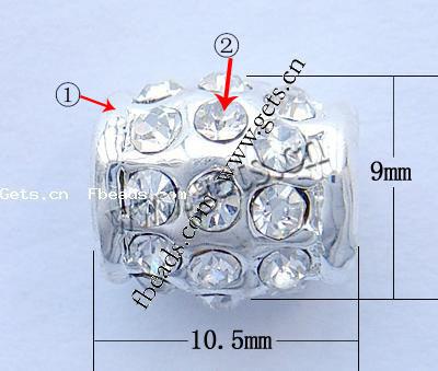 Strass Zink Legierung Europa Perlen, Zinklegierung, Trommel, plattiert, ohne troll & mit Strass, keine, frei von Nickel, Blei & Kadmium, 9x10.5mm, Bohrung:ca. 4mm, verkauft von PC