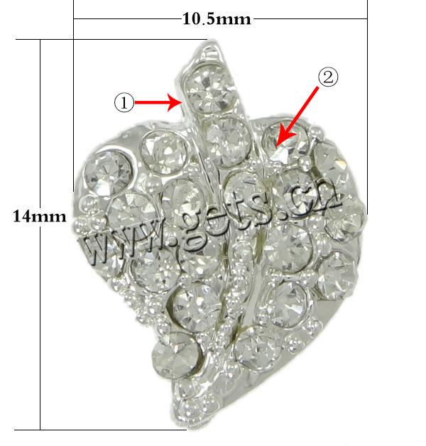 Rhinestone Zinc Alloy Connector, Leaf, plated, with rhinestone, more colors for choice, nickel, lead & cadmium free, 14x10.5mm, Hole:Approx 1mm, Sold By PC