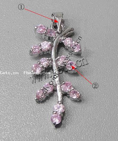 Cubic Zirconia Brass Pendants, Leaf, plated, with cubic zirconia & faceted, more colors for choice, 27x13x4mm, Hole:Approx 3-5mm, Sold By PC