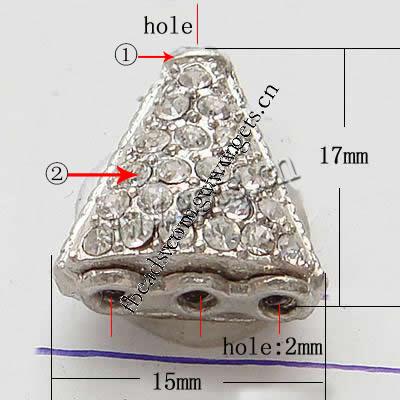 Rhinestone Zinc Alloy Beads, Tube, plated, plating thickness more than 3μm & with Mideast rhinestone, more colors for choice, nickel, lead & cadmium free, Grade A, 15x17mm, Sold By PC
