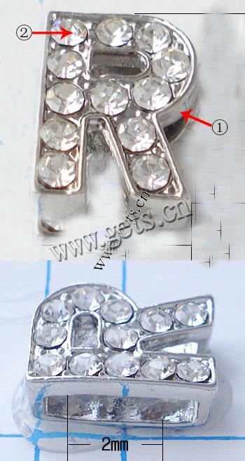 Zinc Alloy Letter Slide Charm, Letter R, plated, with Mideast rhinestone, more colors for choice, nickel, lead & cadmium free, Grade A, 13x10mm, Hole:Approx 2mm, Sold By PC