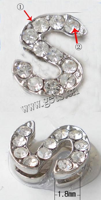 Zinc Alloy Letter Slide Charm, plated, with Mideast rhinestone, more colors for choice, nickel, lead & cadmium free, Grade A, 14x11mm, Hole:Approx 1.8mm, Sold By PC