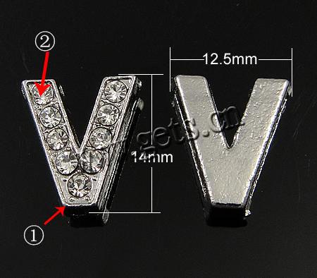 Aleación de zinc Carta Encanto Deslice, Letra V, chapado, enchapado grueso más que los 3μm & con diamantes de imitación de Mideast, más colores para la opción, libre de níquel, Grado A, 14x12.5x4.5mm, agujero:aproximado 11x2.3mm, Vendido por UD