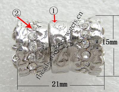 Cierre Magnético de Aleación de Zinc, Tubo, chapado, enchapado grueso más que los 3μm & con diamantes de imitación, más colores para la opción, 21x15mm, agujero:aproximado 1.5mm, Vendido por UD