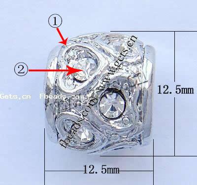 Rhinestone Zinc Alloy European Beads, Drum, plated, without troll & with rhinestone, more colors for choice, nickel, lead & cadmium free, 12.5x12.5mm, Hole:Approx 8mm, Sold By PC