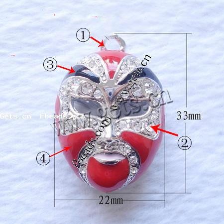 Character Shaped Zinc Alloy Pendants, Mask, plated, with Mideast rhinestone & enamel, more colors for choice, nickel free, 22x33mm, Hole:Approx 3mm, Sold By PC
