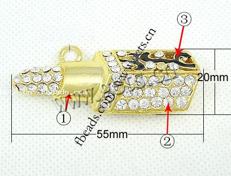 Zinc Alloy Tool Pendants, plated, enamel & with rhinestone, more colors for choice, nickel, lead & cadmium free, 55x20x12mm, Hole:Approx 4mm, Sold By PC