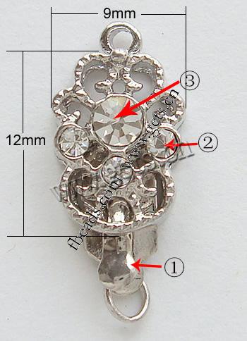 Zinc Alloy Box Clasp, Flower, plated, with Mideast rhinestone & single-strand, more colors for choice, nickel, lead & cadmium free, 9x12mm, Sold By PC