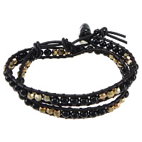 Wrap Bracelets, Cowhide, with Black Agate & Brass, platinum color plated , 4mm, 7mm Approx 13-15 Inch 