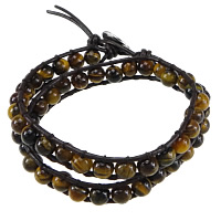 Wrap Bracelets, Tiger Eye, with Cowhide, brass clasp, platinum color plated , 7mm, 10mm Approx 13-15 Inch 