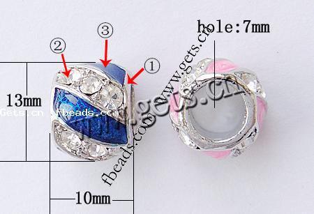 Enamel Zinc Alloy European Beads, Drum, plated, Customized & without troll & with rhinestone & large hole, more colors for choice, 13x10mm, Hole:Approx 7mm, Sold By PC