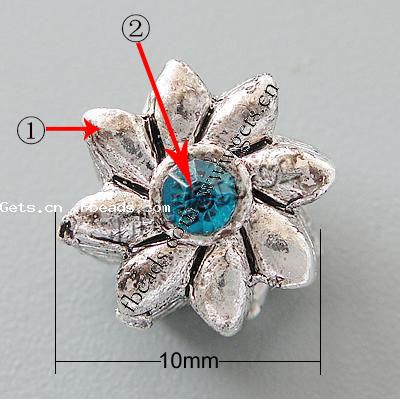 Rhinestone Zinc Alloy European Beads, Flower, plated, without troll & with rhinestone, more colors for choice, nickel, lead & cadmium free, 10x10x10mm, Hole:Approx 4.2-4.5mm, Sold By PC