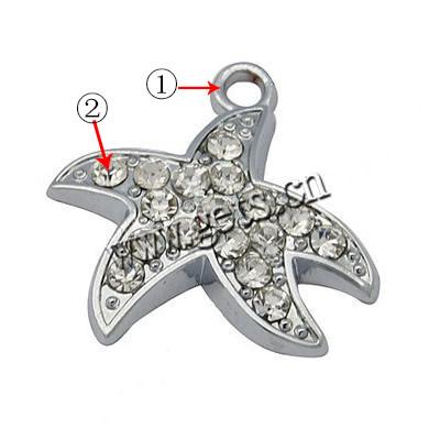 Zinc Alloy Star Pendant, Starfish, plated, Customized & with rhinestone, more colors for choice, cadmium free, 20.5x20x3mm, Hole:Approx 2mm, 100PCs/Lot, Sold By Lot