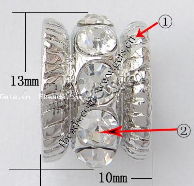 Rhinestone Zinc Alloy European Beads, Tube, plated, without troll & with rhinestone, more colors for choice, nickel, lead & cadmium free, 13x10mm, Hole:Approx 7mm, Sold By PC