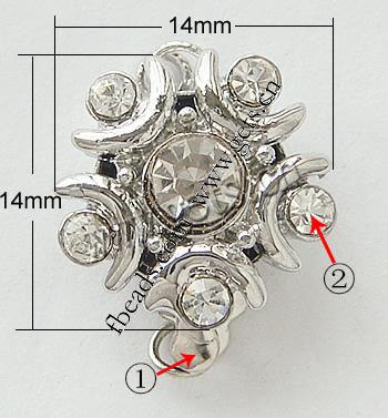 Zinc Alloy Box Clasp, Flower, plated, plating thickness more than 3μm & with Mideast rhinestone & single-strand, more colors for choice, nickel free, 14x14mm, Sold By PC
