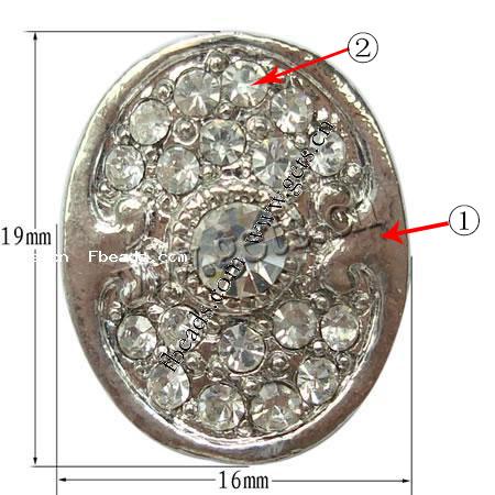 Perles strass en alliage de zinc, ovale, Placage, plus de couleurs à choisir, sans nickel, 16x19x8mm, Trou:Environ 1mm, Vendu par PC