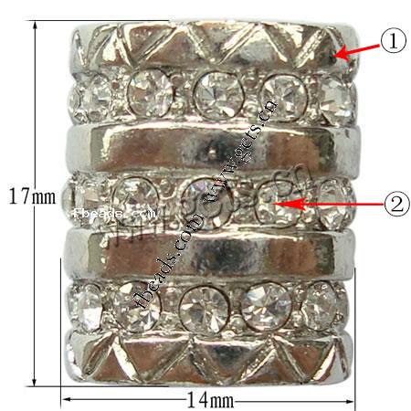 Rhinestone Zinc Alloy Beads, Tube, plated, more colors for choice, 14x17x7mm, Hole:Approx 1mm, Sold By PC