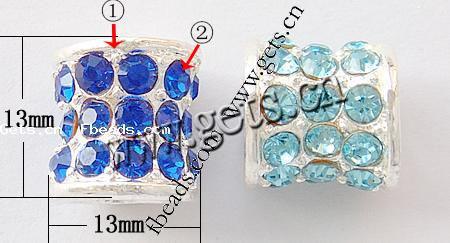 Rhinestone Zinc Alloy European Beads, Tube, plated, without troll & with rhinestone, more colors for choice, nickel, lead & cadmium free, 13x13mm, Hole:Approx 6mm, Sold By PC