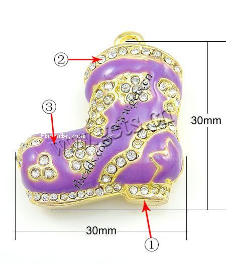 Zinc Alloy Shoes Pendants, with Rhinestone & enamel, plated, enamel, more colors for choice, nickel free, 30x30x11mm, Hole:Approx 3mm, Sold By PC