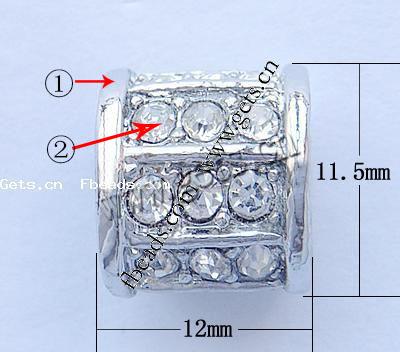 Rhinestone Zinc Alloy European Beads, Tube, plated, without troll & with rhinestone, more colors for choice, nickel, lead & cadmium free, 11.5x12mm, Hole:Approx 7mm, Sold By PC
