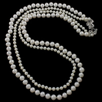 Природное пресноводное жемчужное ожерелье, Пресноводные жемчуги, латунь раскладывающейся застежкой, натуральный, инкрустированное микро кубического циркония & двунитевая, белый, 5-8mm, длина:Приблизительно 22.5 дюймовый, продается Strand
