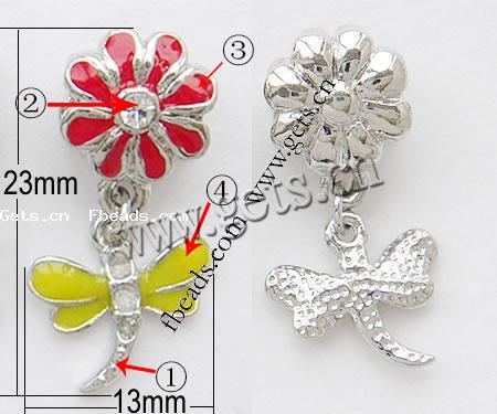 Zinc Alloy European Pendants, Dragonfly, plated, with troll & enamel & with rhinestone, more colors for choice, nickel, lead & cadmium free, 23x13mm, Hole:Approx 4mm, Sold By PC