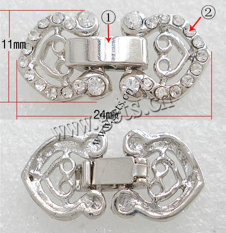 Zinc Alloy Watch Band Clasp, Heart, plated, with rhinestone, more colors for choice, nickel, lead & cadmium free, 24x11mm, Sold By PC