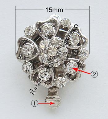 Zinc Alloy Box Clasp, Flower, plated, with Mideast rhinestone & single-strand, more colors for choice, nickel, lead & cadmium free, 15x15mm, Sold By PC