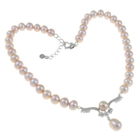 Natural Freshwater Pearl Necklace, brass lobster clasp, with 4.5cm extender chain, with rhinestone, purple, 9-10mm Approx 15.5 Inch 