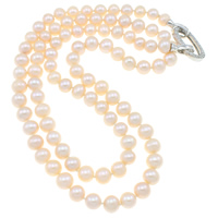 Natural Freshwater Pearl Long Necklace, brass foldover clasp, with rhinestone & , pink, 8-9mm Approx 34.5 Inch 