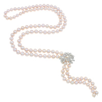Natural Freshwater Pearl Long Necklace, brass necklace shortener, with rhinestone, purple, 6-7mm Approx 39 Inch 