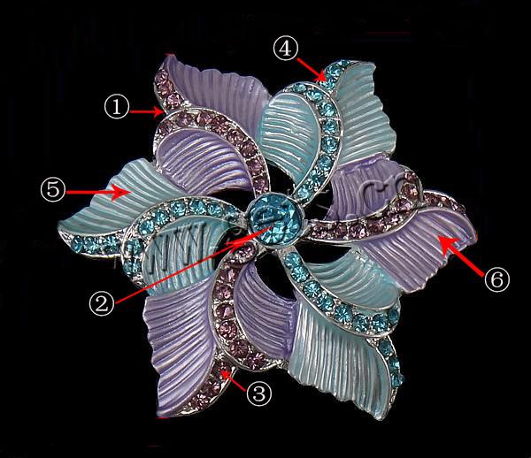 Zinc Alloy Brooch Finding, with Rhinestone, Flower, plated, Customized & enamel, more colors for choice, 45x52x6mm, Sold By PC