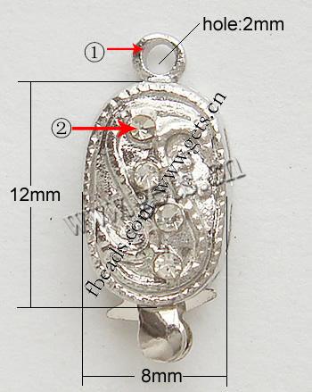 Zinc Alloy Box Clasp, Oval, plated, with Mideast rhinestone & single-strand, more colors for choice, nickel, lead & cadmium free, 8x12mm, Hole:Approx 2mm, Sold By PC