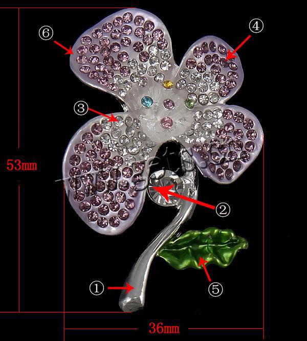 Zinc Alloy Brooch Finding, with Rhinestone, Flower, plated, Customized & enamel, more colors for choice, 53x36x9mm, Sold By PC