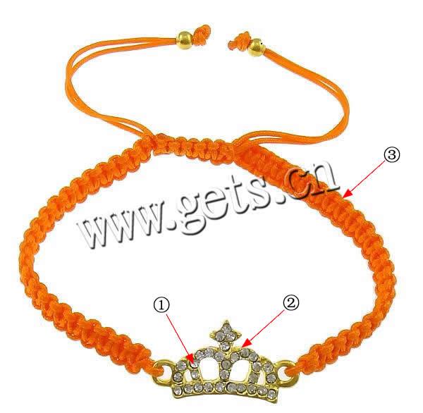 Zinc Alloy Woven Ball Bracelets, with Nylon Cord & Brass, Crown, plated, Customized & with rhinestone, more colors for choice, cadmium free, 25x13x2mm, 4mm, 5mm, Length:7-11 Inch, Sold By Strand