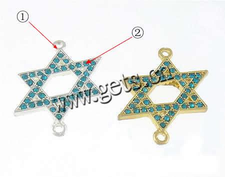 Rhinestone Zinc Alloy Connector, Star of David, plated, Judaism Jewelry & Customized & with rhinestone & 1/1 loop, more colors for choice, 27x35x2.5mm, Hole:Approx 2mm, Sold By PC