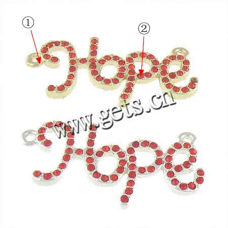 Rhinestone Zinc Alloy Connector, Letter, word hope, plated, Customized & with rhinestone & 1/1 loop, more colors for choice, 44.5x18x3mm, Hole:Approx 2mm, Sold By PC